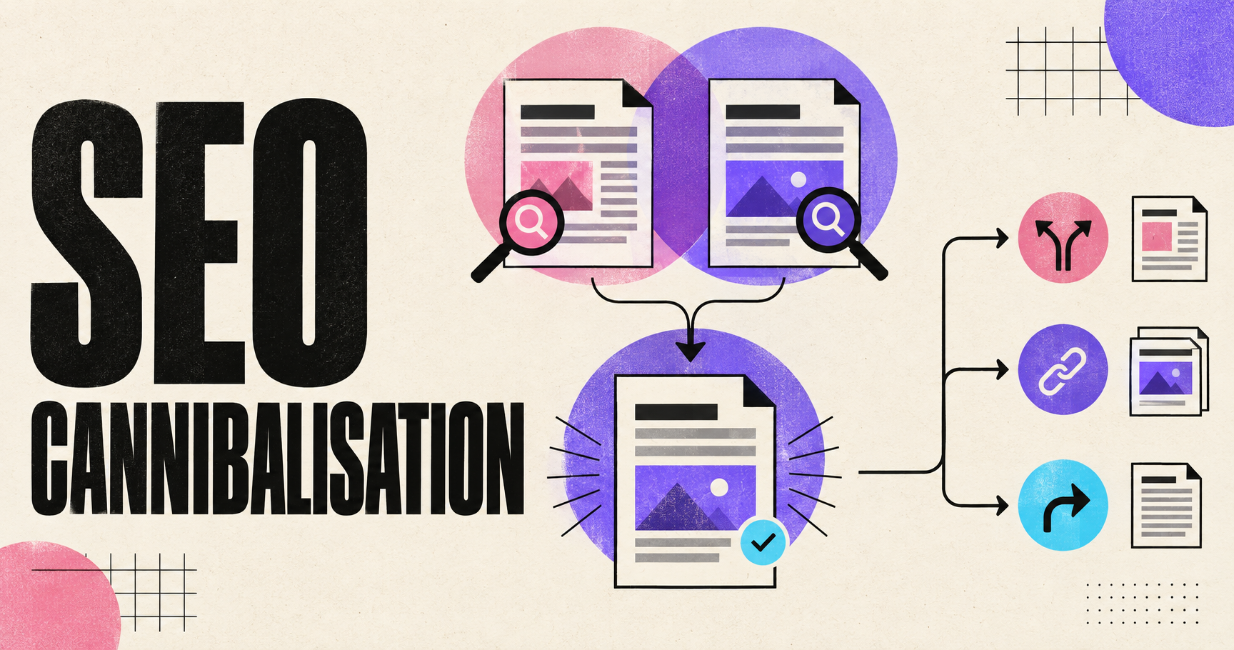 Illustration d’un audit de cannibalisation SEO comparant deux pages avant fusion, différenciation ou redirection