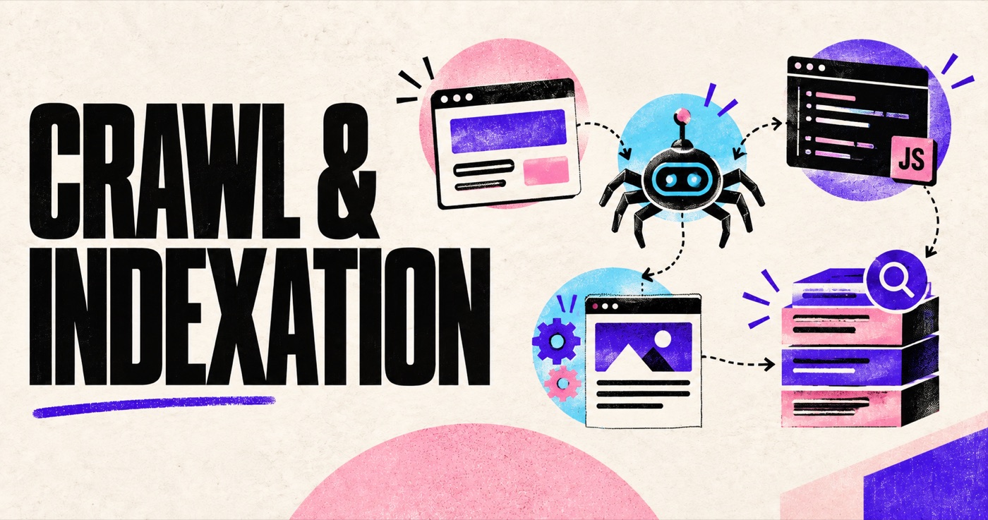 Illustration du parcours d’une page web entre découverte, crawl, rendu et indexation