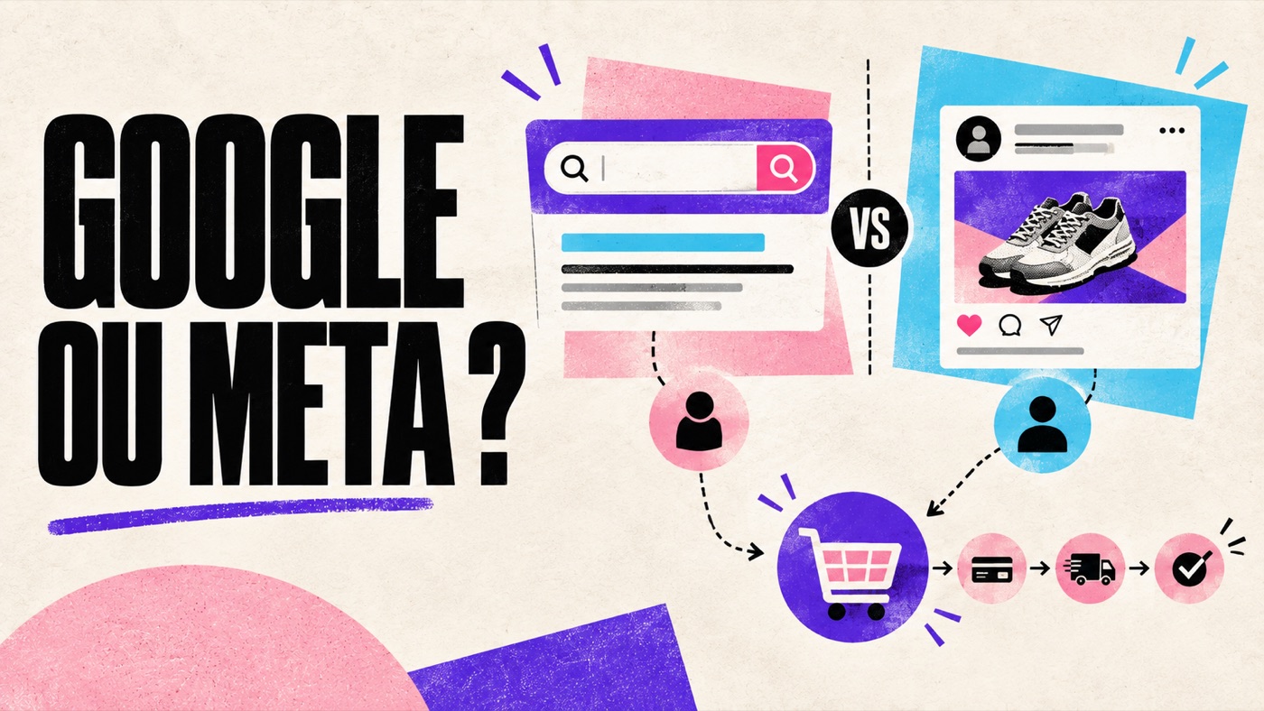 Illustration comparative entre recherche Google Ads et découverte Meta Ads autour d’un parcours d’achat