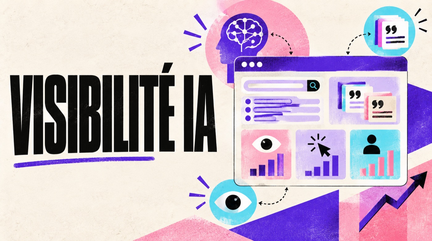 Illustration d’un tableau de bord mesurant présence, citations, impressions et conversions dans les fonctionnalités IA de Google