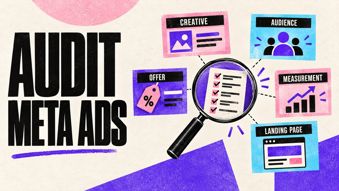 Illustration d’un audit Meta Ads reliant créatif, audience, mesure, offre et page d’atterrissage