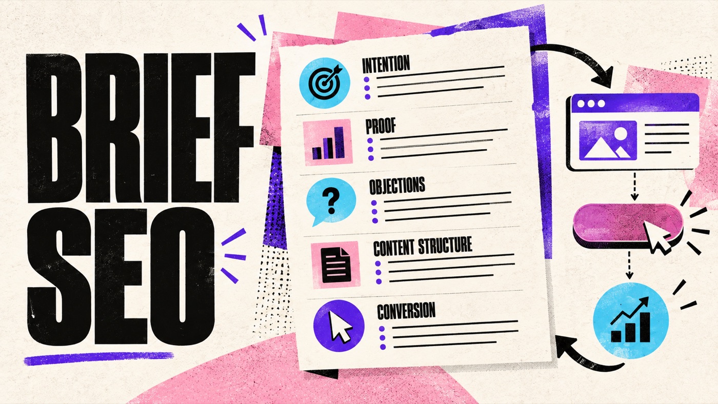 Illustration d’un brief SEO de page service réunissant intention, preuves, objections et conversion